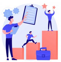 20943633 Self made businessman. Career ladder. Personal improvement, new opportunity. Man with cubes building stairs. Business growth, strategy development. Vector isolated concept metaphor illustration