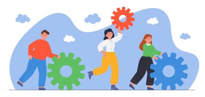 Tiny people moving cogwheels using their skills and knowledge Tiny people moving cogwheels using their skills and knowledge. Male and female characters linking gear wheels flat vector illustration. Organization, cooperation, teamwork concept